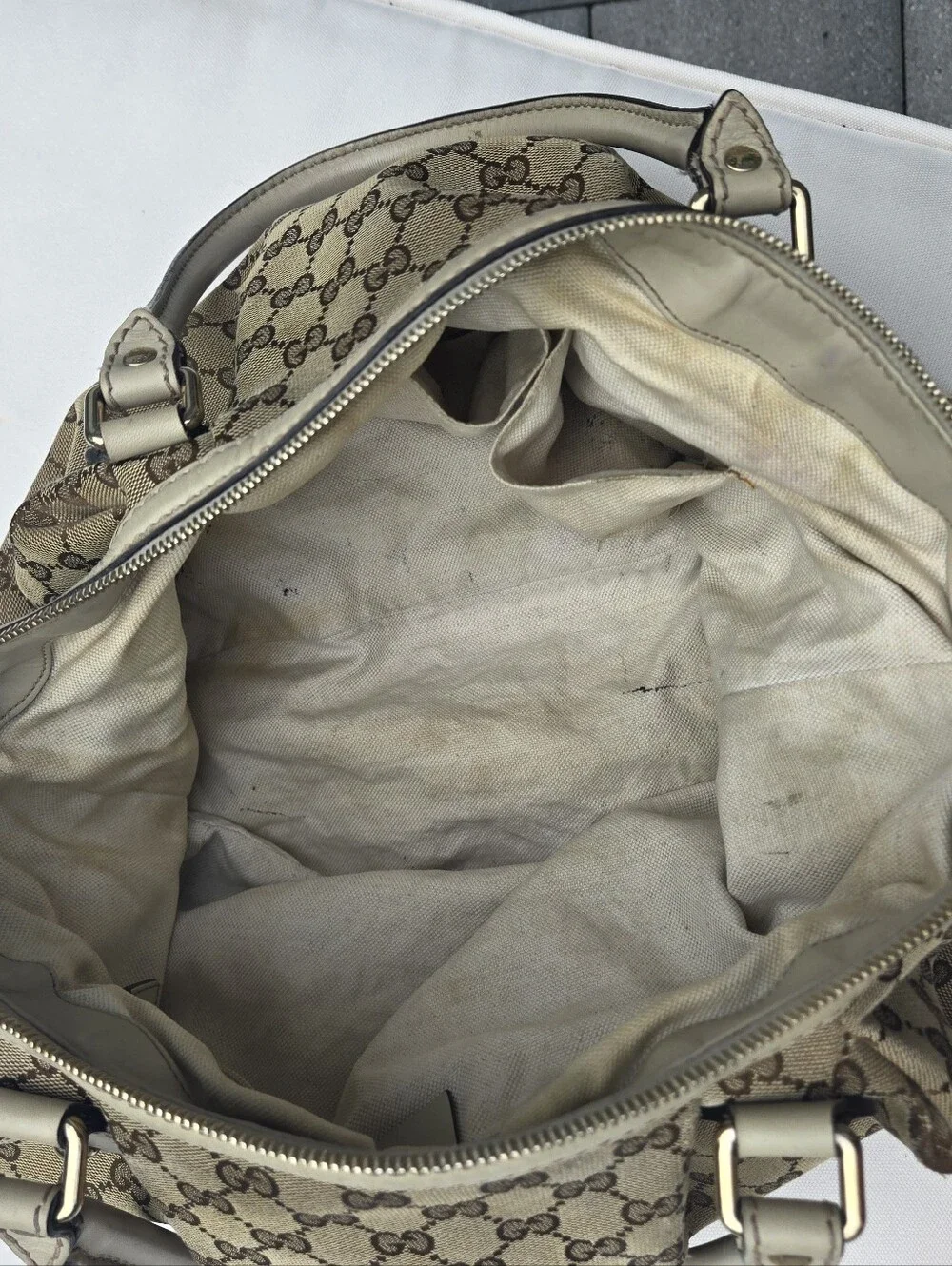 Gucci Tan GG Canvas Satchel with Light Tan Leather Trim